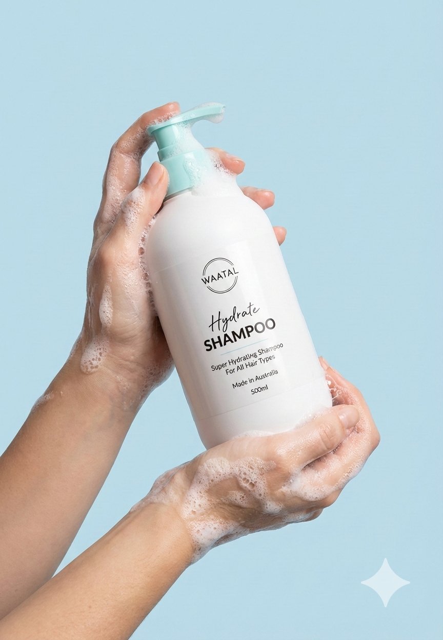 An advertisement featuring a hand holding a foaming shampoo bottle